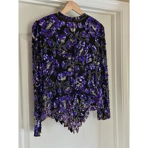 Vintage 80's Black Tie Oleg Cassini Women L Purple Silver Sequin Blouse